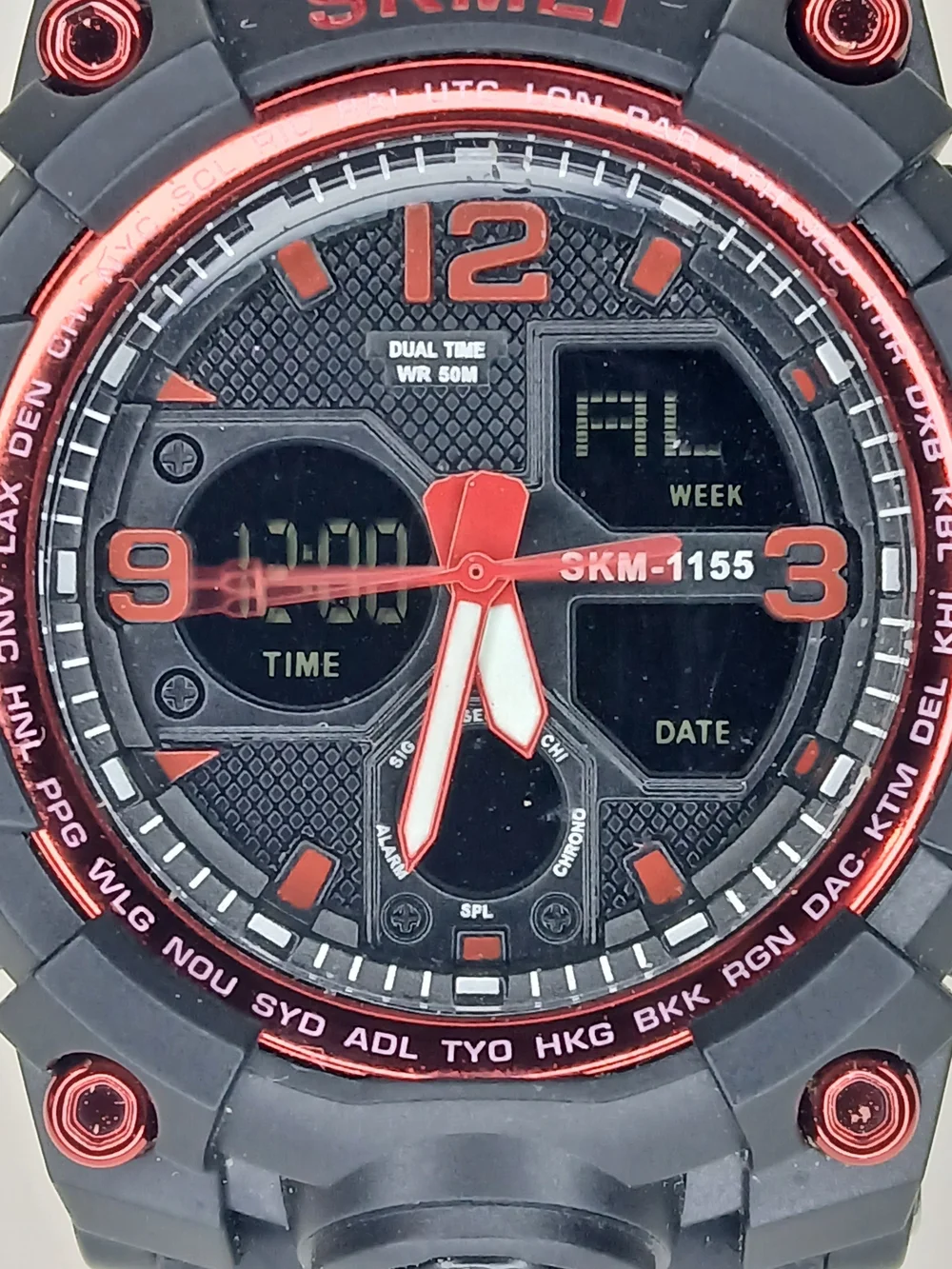 SKMEI 1155 Men’s Dual Time Sport Watch Black Red Digital Analog Chrono 50M